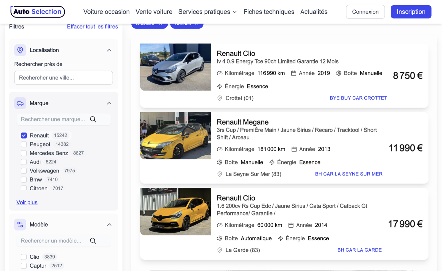 Marketplace Auto-Sélection affichant la recherche de voitures d'occasion par marque, modèle et ville en France
