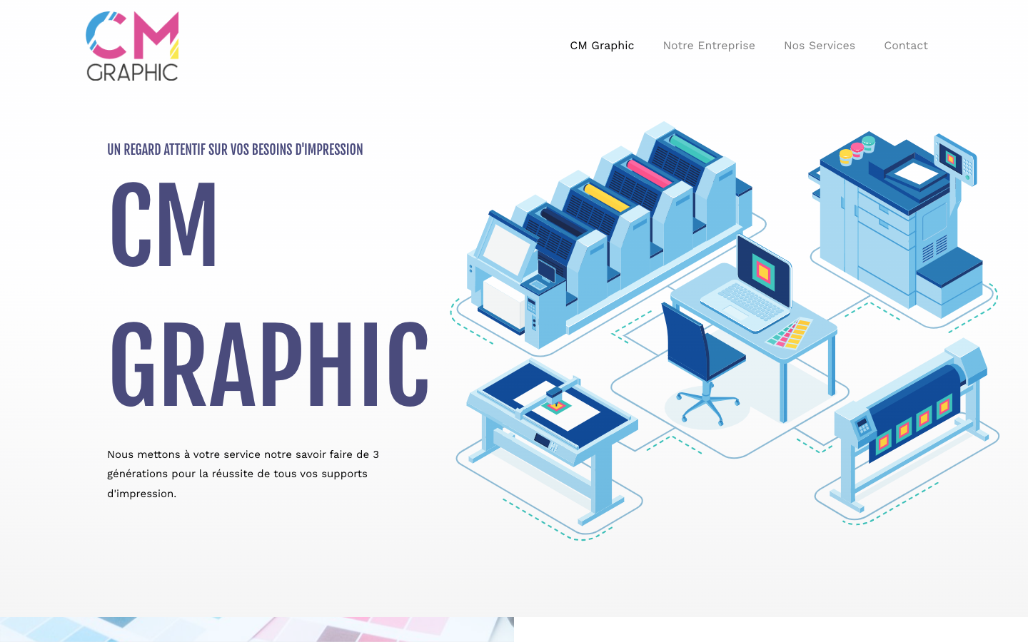 Page d'accueil du site CM Graphic présentant les métiers et machines de l'imprimerie
