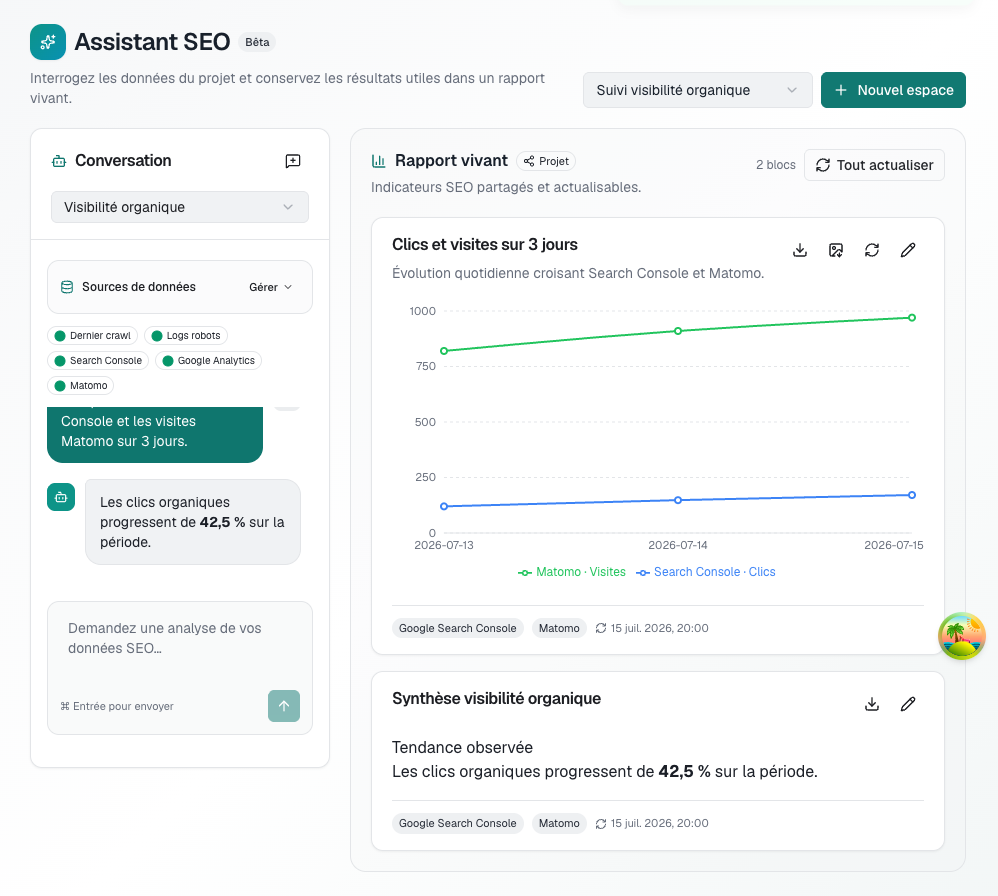 Interface du crawler SEO industriel affichant l'analyse d'un crawl et ses priorités techniques