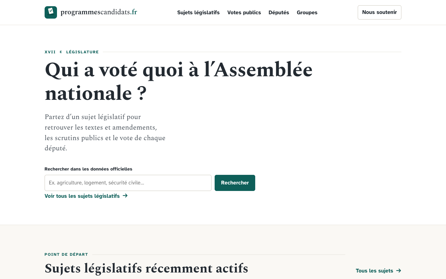 Page d'accueil de Programmes Candidats pour consulter les votes des députés, les scrutins et les textes de l'Assemblée nationale