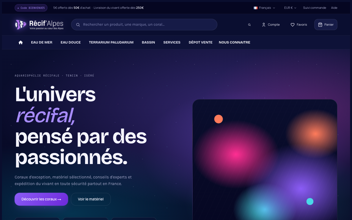 Nouvelle interface du site e-commerce Récif'Alpes, relié à la caisse et au stock du magasin